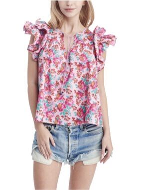 Love the Label Reina Top - Khaleesi Raspberry Print Size XS Ruffle Sleeve